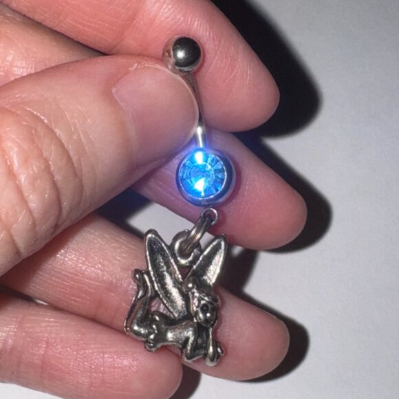 Tink Fairy with Aqua Blue gem, Fairy Design Dangle Belly Ring - Picture 10 of 15